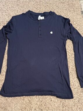 Apple Logo Navy Long Sleeve Henley Large embroidered 100% cotton